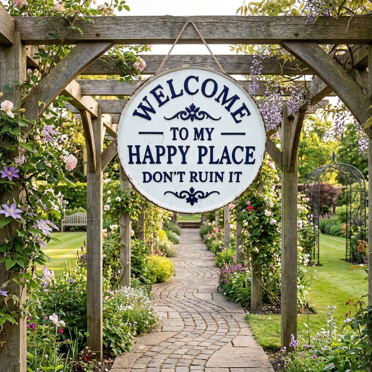 Enseigne ronde en métal vintage – « Welcome to My Happy Place Don’t Ruin It » Décoration murale de jardin