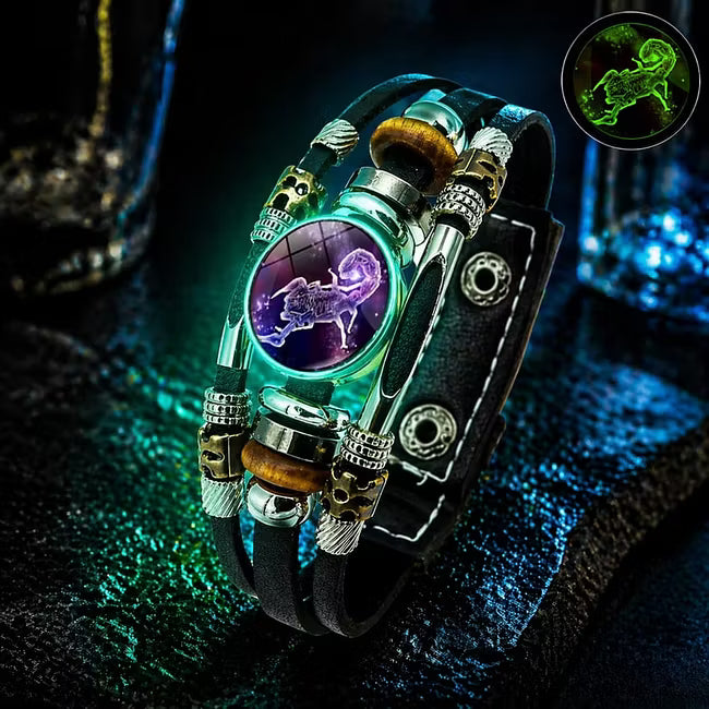 Bracelet en cuir phosphorescent avec signe du zodiaque pour hommes et femmes (17,5/20,5 cm)