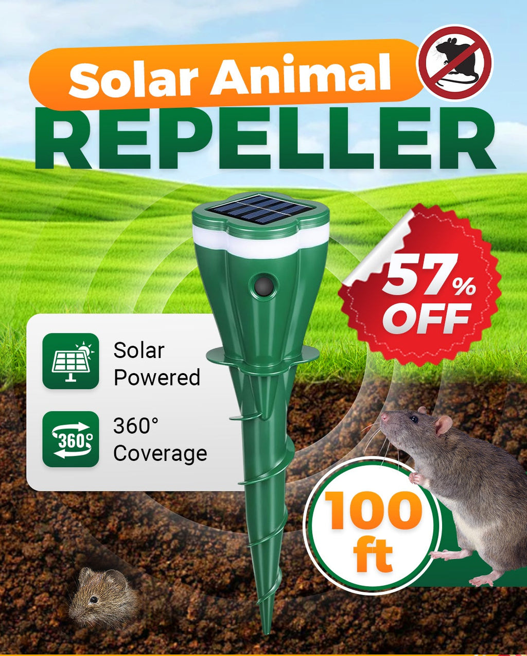 Répulsif anti-taupes à vis, étanche, solaire, pour l'extérieur