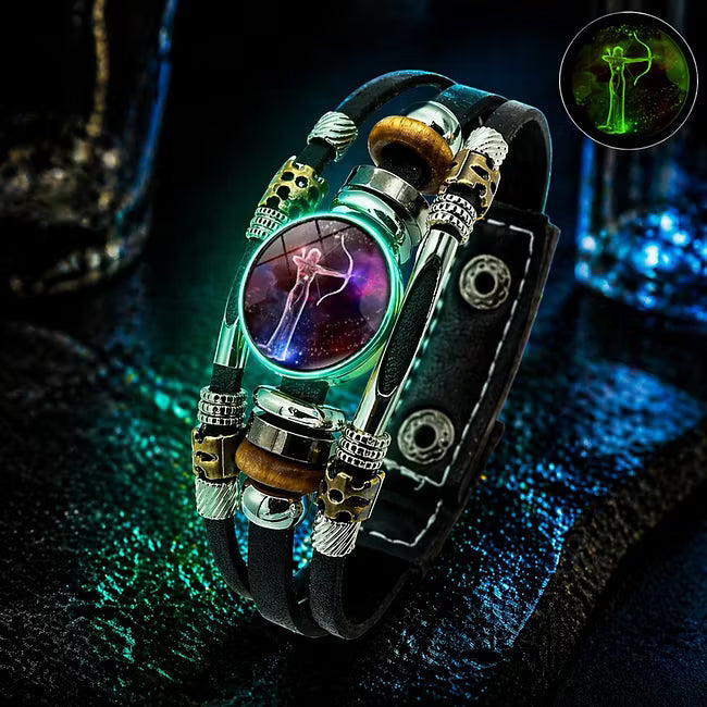 Bracelet en cuir phosphorescent avec signe du zodiaque pour hommes et femmes (17,5/20,5 cm)