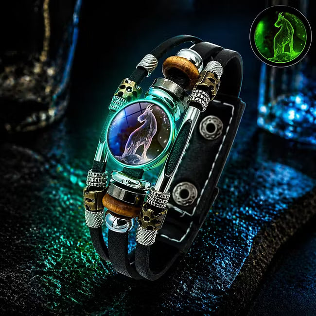Bracelet en cuir phosphorescent avec signe du zodiaque pour hommes et femmes (17,5/20,5 cm)