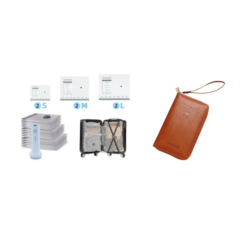 Kit de rangement sous vide sans fil – 15 sacs, pompe 140 L/min. Réduit les vêtements, économise de l'espace. Imperméable et réutilisable. Indispensable pour les vacances.