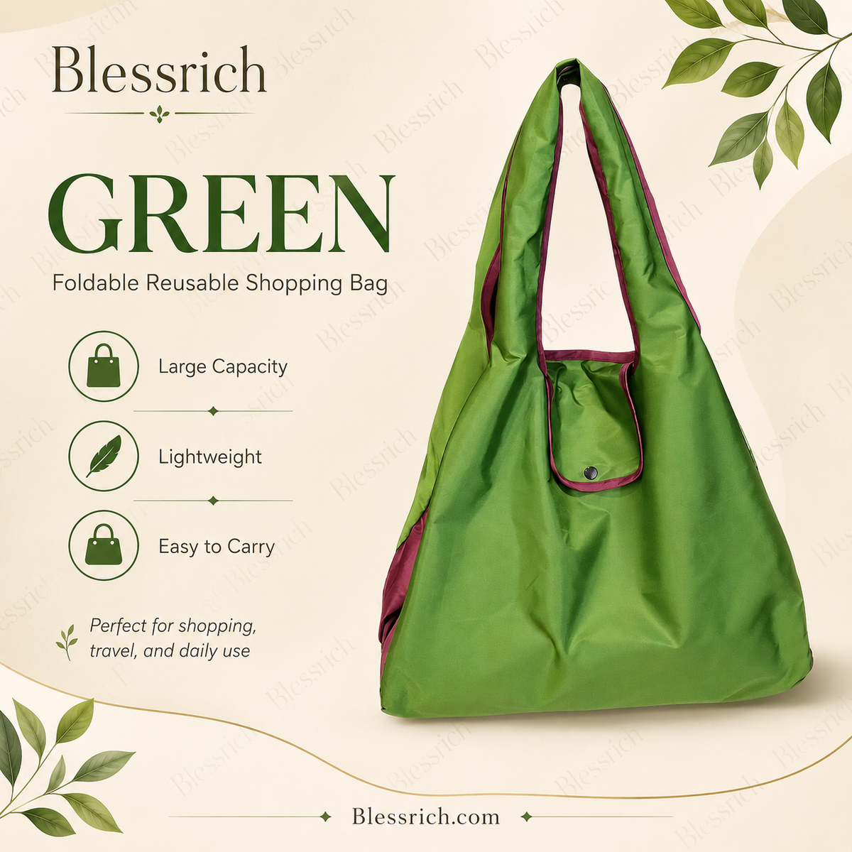 Sac de courses pliable réutilisable – Grande capacité, léger et lavable