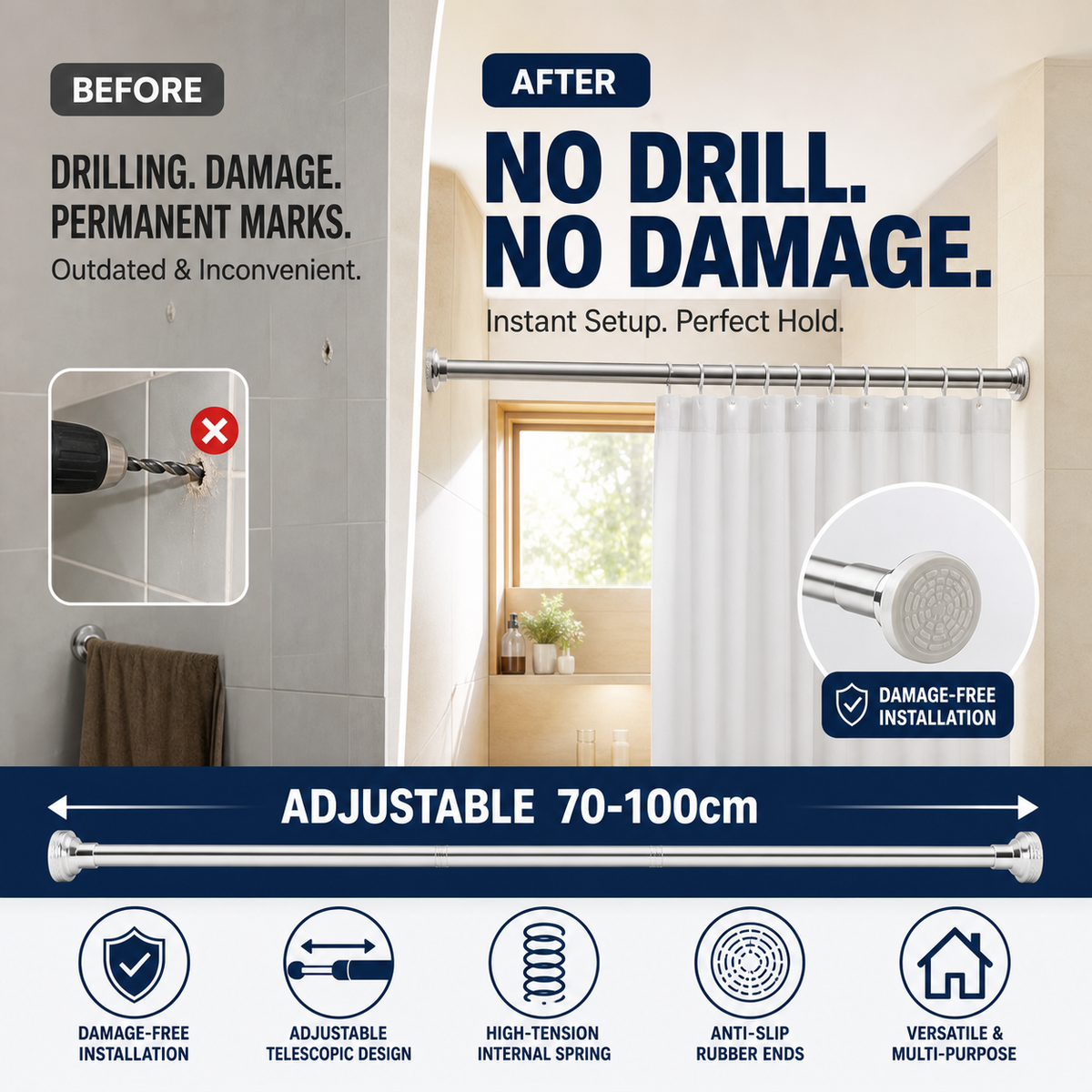 MAINTENANT ! Barre de tension réglable sans perçage, 70-100 cm, à ressort, pour suspendre des vêtements, tringle de placard sans dommage antidérapante, charge maximale de 15 kg pour garde-robe