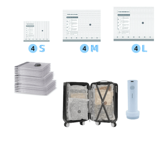 Kit de rangement sous vide sans fil – 15 sacs, pompe 140 L/min. Réduit les vêtements, économise de l'espace. Imperméable et réutilisable. Indispensable pour les vacances.