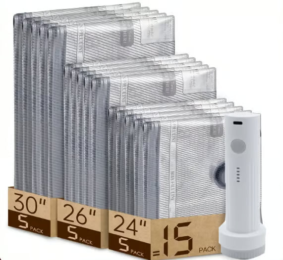 Kit de rangement sous vide sans fil – 15 sacs, pompe 140 L/min. Réduit les vêtements, économise de l'espace. Imperméable et réutilisable. Indispensable pour les vacances.