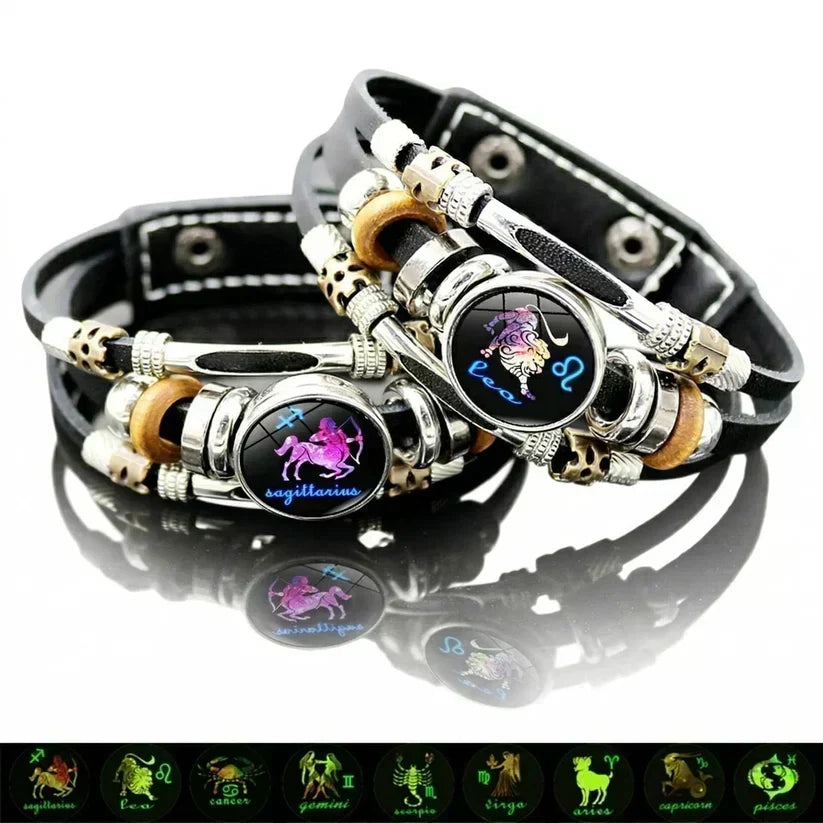 Bracelet en cuir phosphorescent avec signe du zodiaque pour hommes et femmes (17,5/20,5 cm)