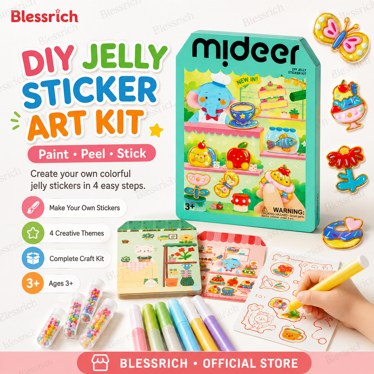 Crée tes propres autocollants en gel ! Kit de peinture, décolle et colle pour enfants, 4 thèmes amusants + kit de bricolage complet