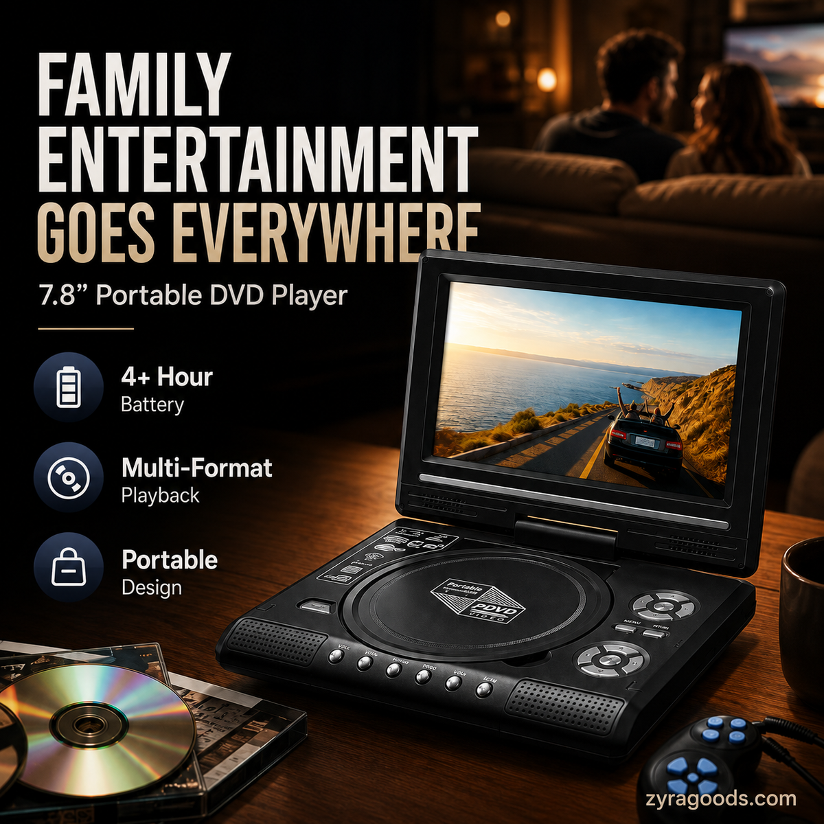 Lecteur DVD/EVD portable HD 7,8 pouces – Grand écran, rechargeable et compatible DVD/CD/USB/SD – Parfait pour la maison et les voyages