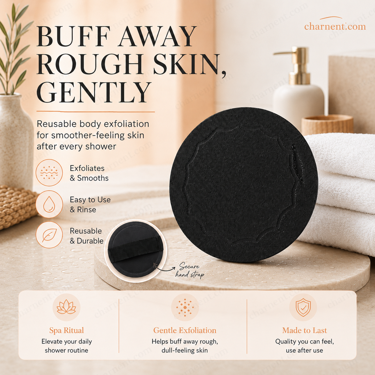 Coussinets exfoliants pour le bain – Exfolient en douceur, désobstruent les pores, révèlent une peau plus éclatante. Caoutchouc durable, facile à rincer.