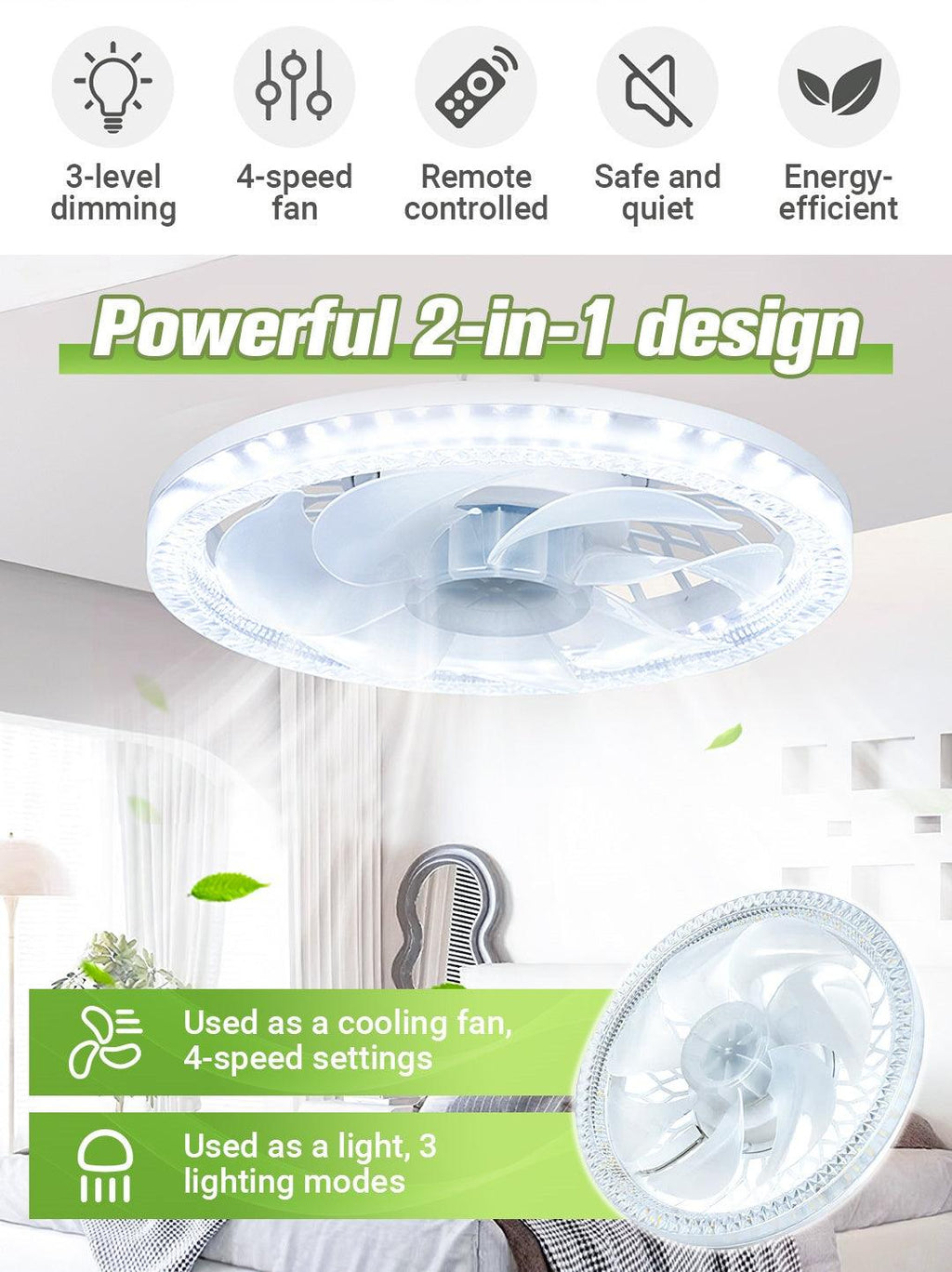 Ventilateur plafonnier 2-en-1 silencieux et réglable 2026 avec télécommande