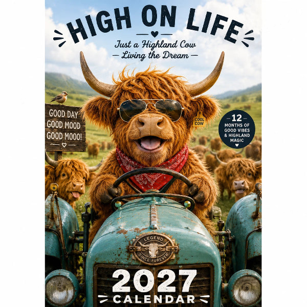 Calendrier mural amusant Vache des Highlands 2027 | Calendrier suspendu A4 | Conçu par Isabel Kline