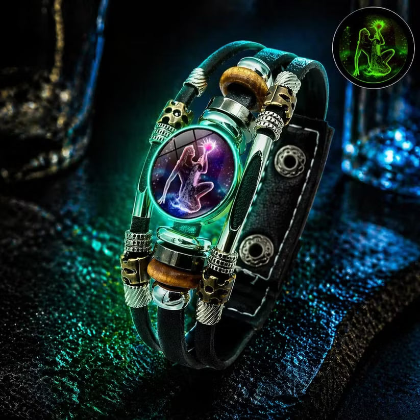 Bracelet en cuir phosphorescent avec signe du zodiaque pour hommes et femmes (17,5/20,5 cm)