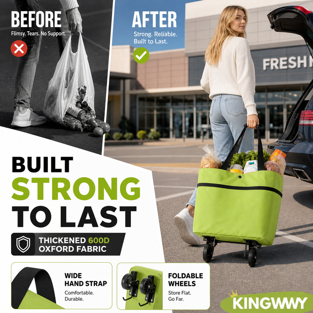 Sac de courses pliable 2-en-1 à roulettes – Avec roues de type bagage