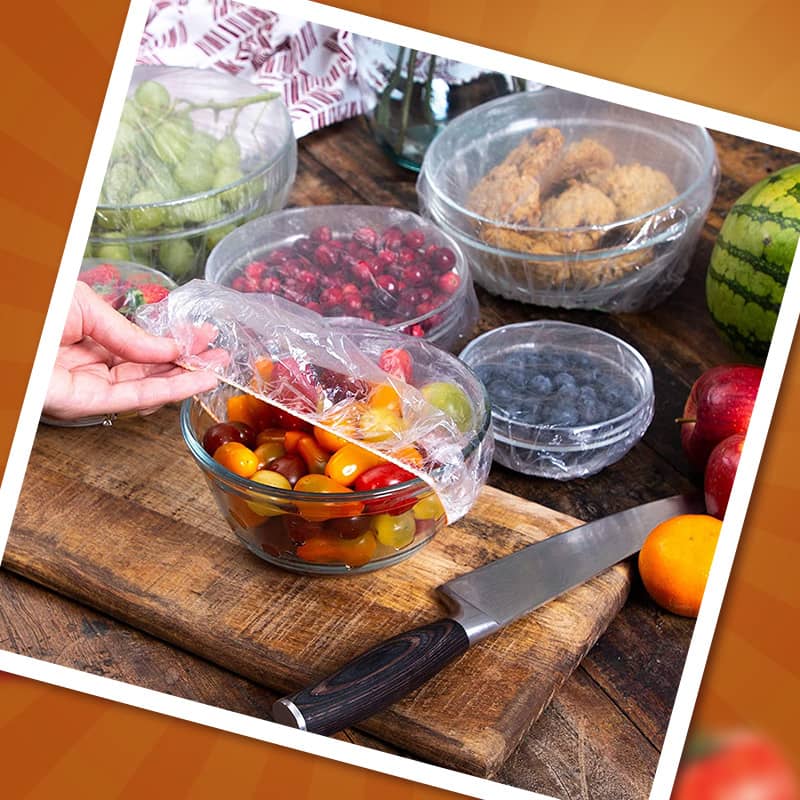 100 pièces de film étirable jetable pour bols et assiettes, couvercles élastiques pour récipients, alternative au film plastique pour les restes, les fruits, les légumes et les aliments.