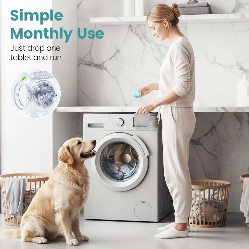 Économisez ce printemps : Nettoyant pour machine à laver spécial maisons avec animaux – Puissant éliminateur de squames et de saletés tenaces | 12 tablettes pour un entretien mensuel