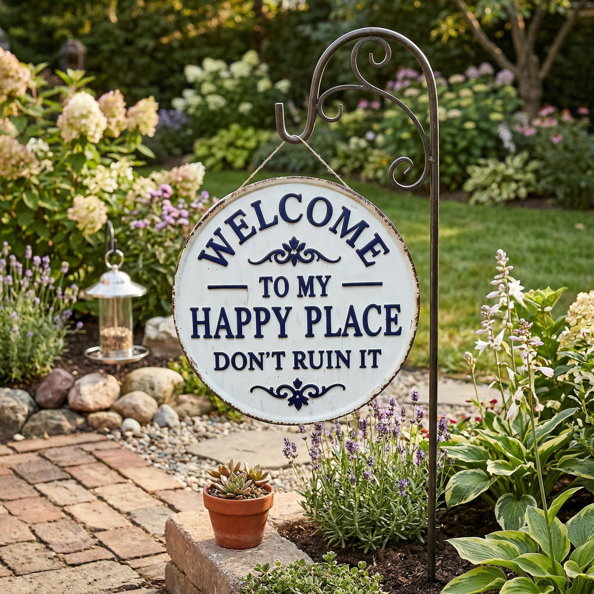 Enseigne ronde en métal vintage – « Welcome to My Happy Place Don’t Ruin It » Décoration murale de jardin