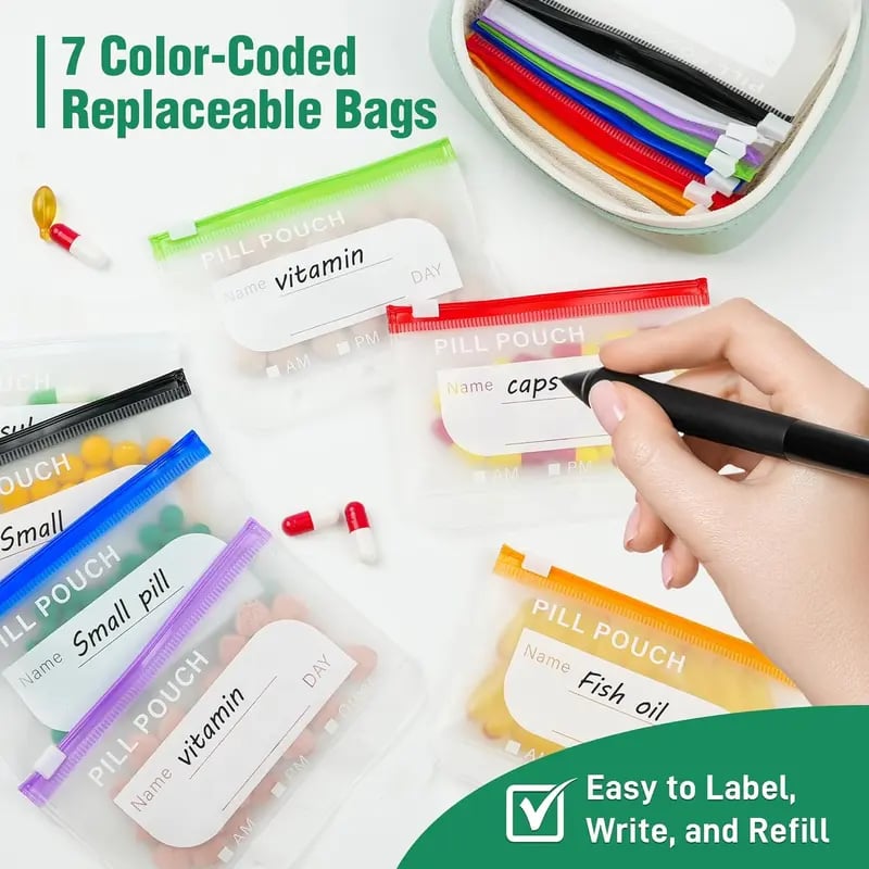 Ensemble de pochettes à pilules étanches A8 – 14 pochettes à code couleur, coque résistante aux chocs, jusqu'à 2 semaines de médicaments !