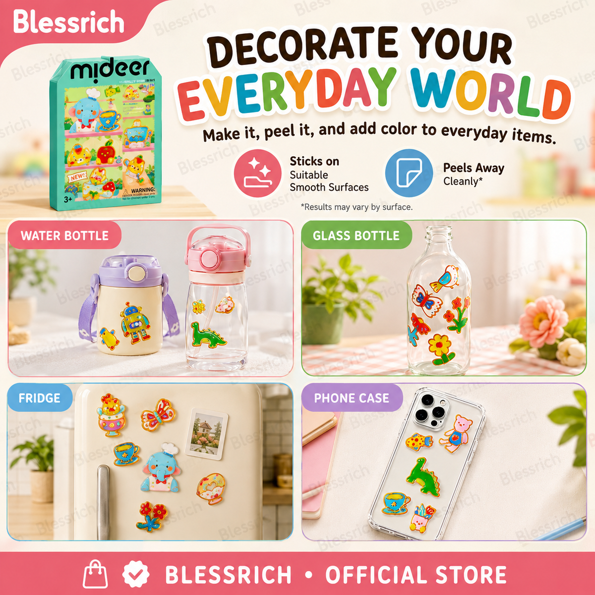 Crée tes propres autocollants en gel ! Kit de peinture, décolle et colle pour enfants, 4 thèmes amusants + kit de bricolage complet