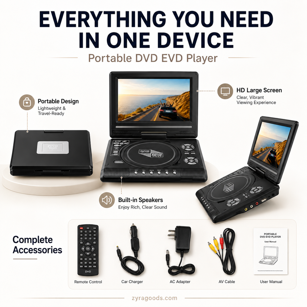 Lecteur DVD/EVD portable HD 7,8 pouces – Grand écran, rechargeable et compatible DVD/CD/USB/SD – Parfait pour la maison et les voyages