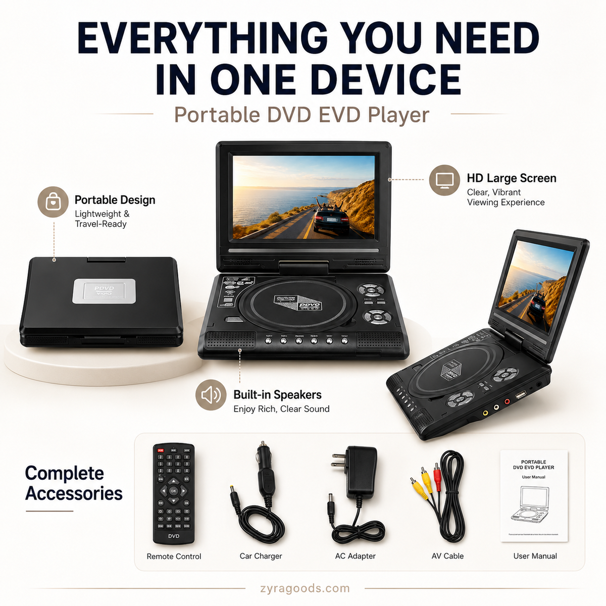 Lecteur DVD/EVD portable HD 7,8 pouces – Grand écran, rechargeable et compatible DVD/CD/USB/SD – Parfait pour la maison et les voyages