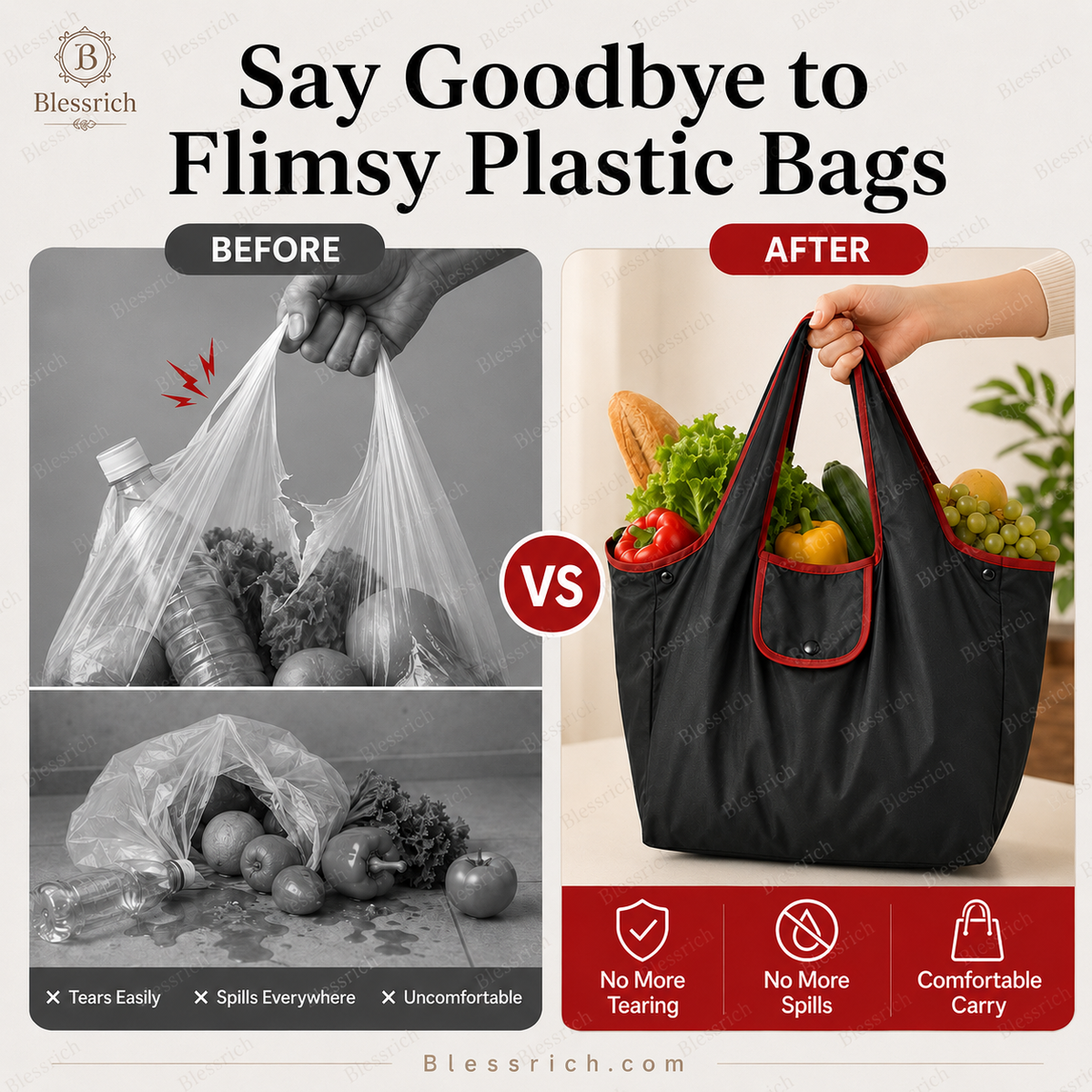 Sac de courses pliable réutilisable – Grande capacité, léger et lavable