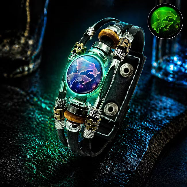 Bracelet en cuir phosphorescent avec signe du zodiaque pour hommes et femmes (17,5/20,5 cm)