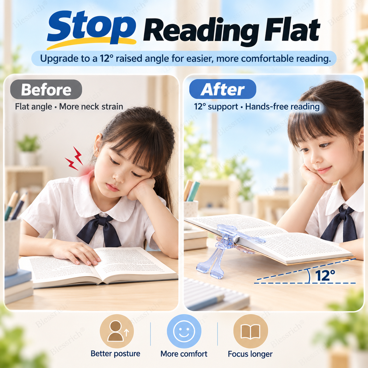 Support de lecture incurvé pour livre - Inclinaison de 12°