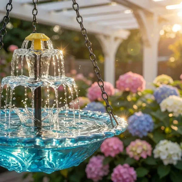 Fontaine de bain pour oiseaux suspendue à cascade solaire