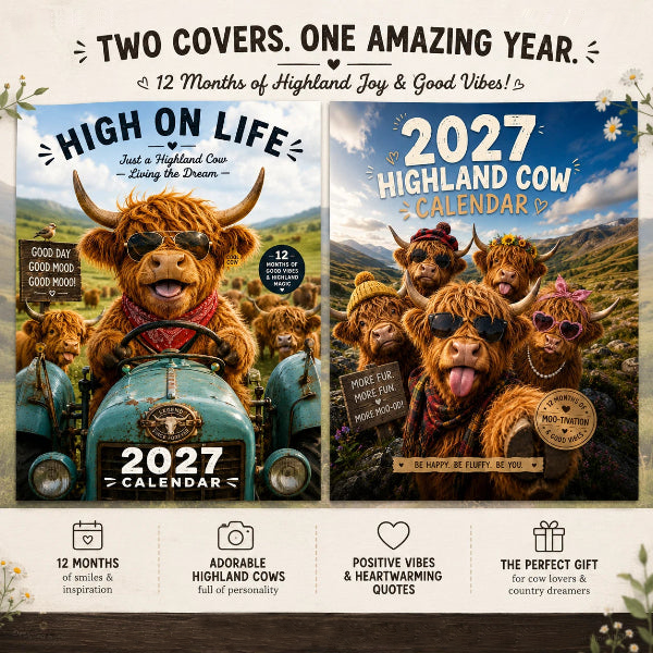 Calendrier mural amusant Vache des Highlands 2027 | Calendrier suspendu A4 | Conçu par Isabel Kline