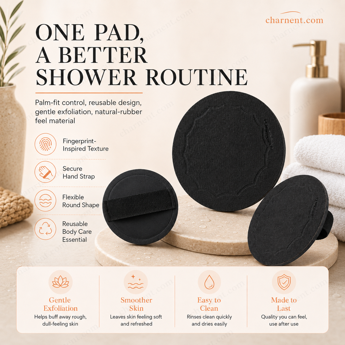 Coussinets exfoliants pour le bain – Exfolient en douceur, désobstruent les pores, révèlent une peau plus éclatante. Caoutchouc durable, facile à rincer.