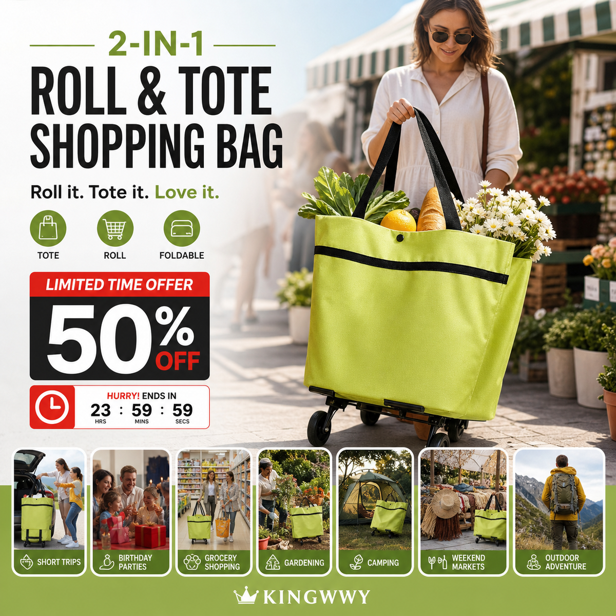 Sac de courses pliable 2-en-1 à roulettes – Avec roues de type bagage