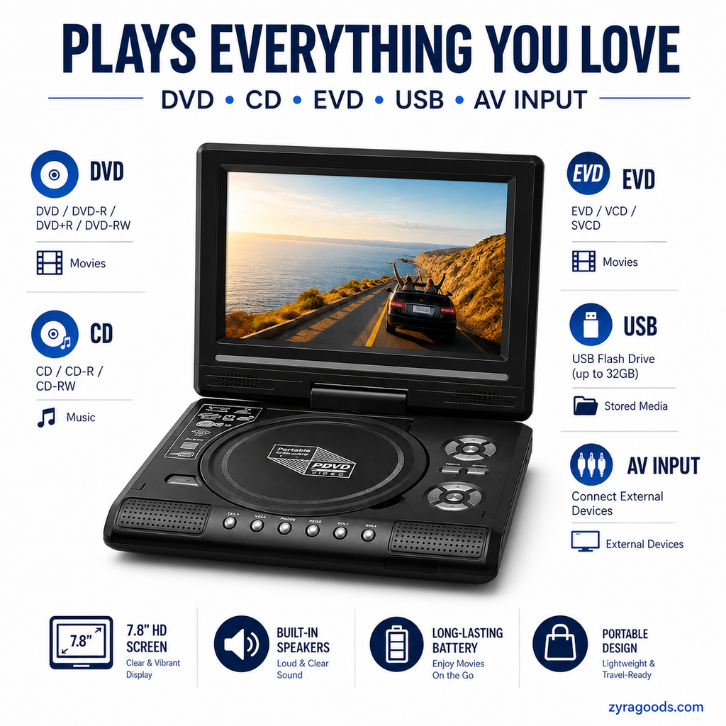 Lecteur DVD/EVD portable HD 7,8 pouces – Grand écran, rechargeable et compatible DVD/CD/USB/SD – Parfait pour la maison et les voyages