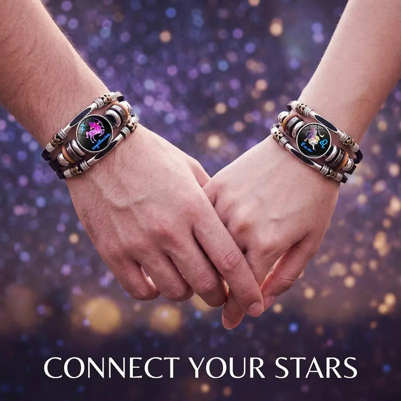 Bracelet en cuir phosphorescent avec signe du zodiaque pour hommes et femmes (17,5/20,5 cm)