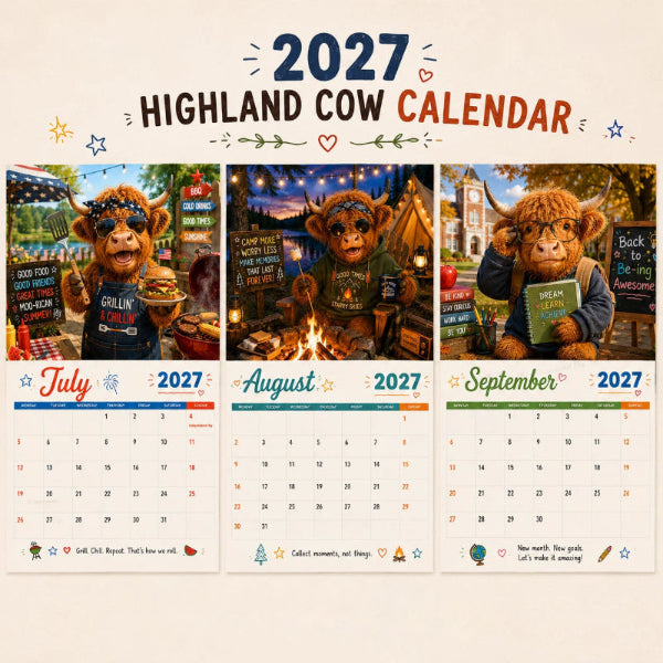 Calendrier mural amusant Vache des Highlands 2027 | Calendrier suspendu A4 | Conçu par Isabel Kline