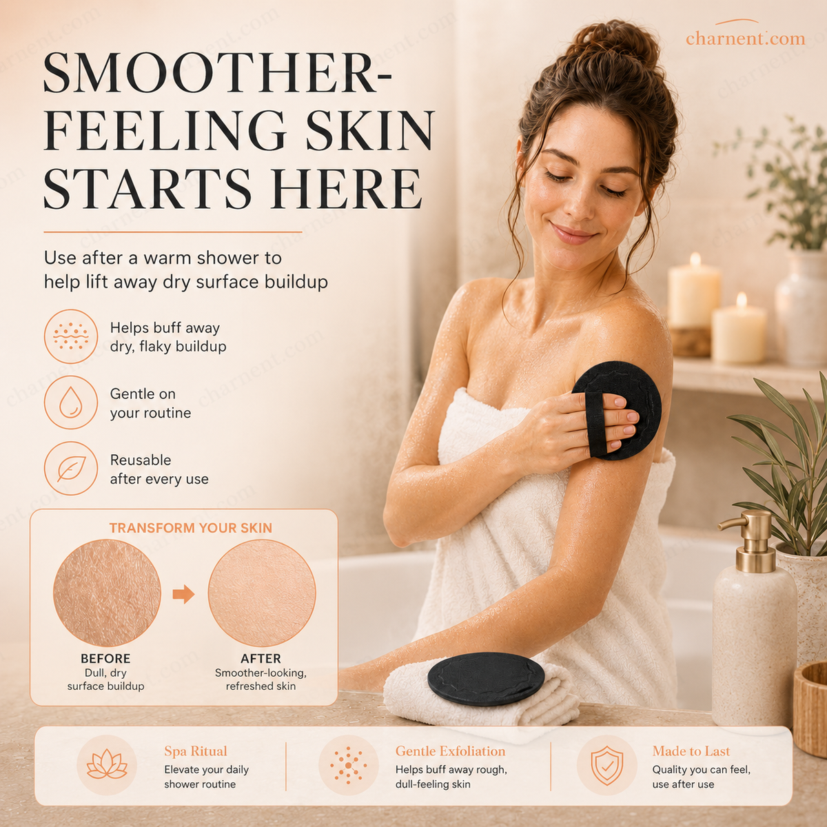 Coussinets exfoliants pour le bain – Exfolient en douceur, désobstruent les pores, révèlent une peau plus éclatante. Caoutchouc durable, facile à rincer.