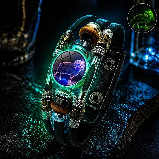 Bracelet en cuir phosphorescent avec signe du zodiaque pour hommes et femmes (17,5/20,5 cm)