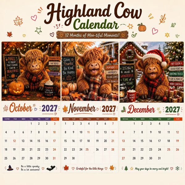 Calendrier mural amusant Vache des Highlands 2027 | Calendrier suspendu A4 | Conçu par Isabel Kline