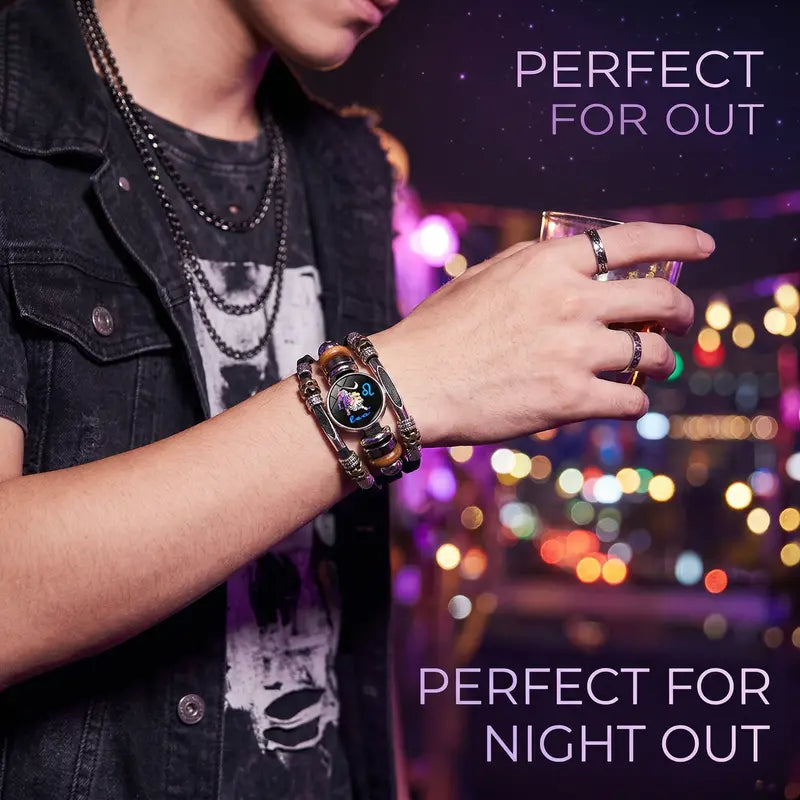 Bracelet en cuir phosphorescent avec signe du zodiaque pour hommes et femmes (17,5/20,5 cm)