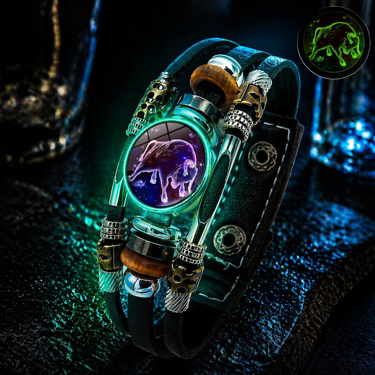Bracelet en cuir phosphorescent avec signe du zodiaque pour hommes et femmes (17,5/20,5 cm)