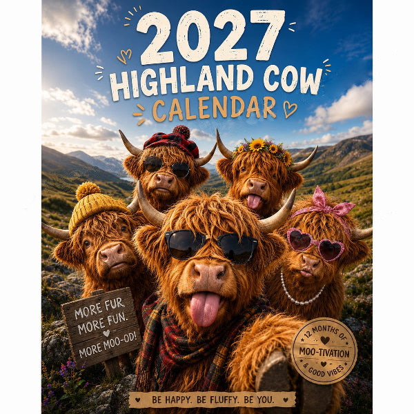 Calendrier mural amusant Vache des Highlands 2027 | Calendrier suspendu A4 | Conçu par Isabel Kline
