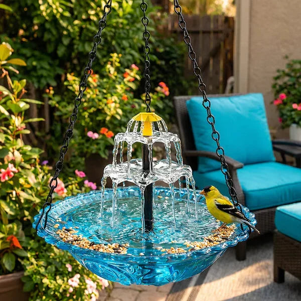 Fontaine de bain pour oiseaux suspendue à cascade solaire