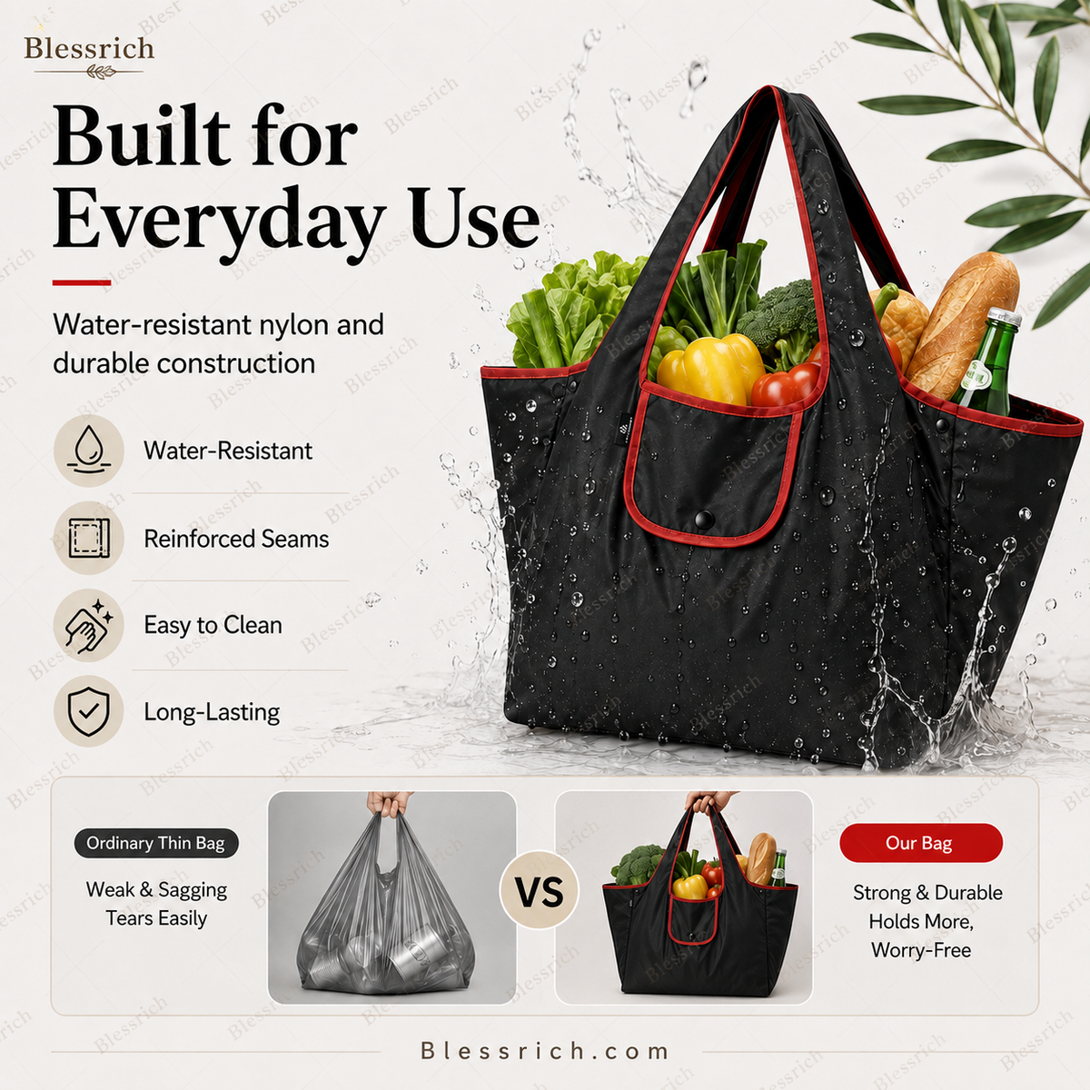 Sac de courses pliable réutilisable – Grande capacité, léger et lavable