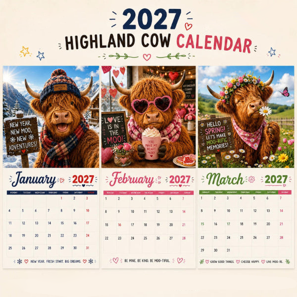Calendrier mural amusant Vache des Highlands 2027 | Calendrier suspendu A4 | Conçu par Isabel Kline