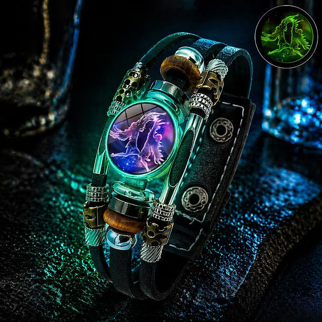 Bracelet en cuir phosphorescent avec signe du zodiaque pour hommes et femmes (17,5/20,5 cm)