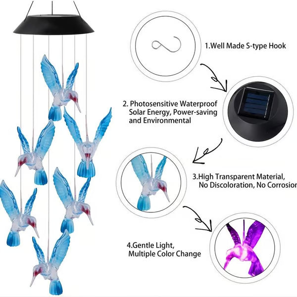 Illuminez votre jardin avec ces carillons éoliens solaires créatifs à motif d'oiseaux