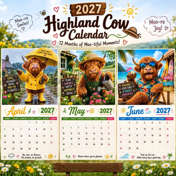 Calendrier mural amusant Vache des Highlands 2027 | Calendrier suspendu A4 | Conçu par Isabel Kline