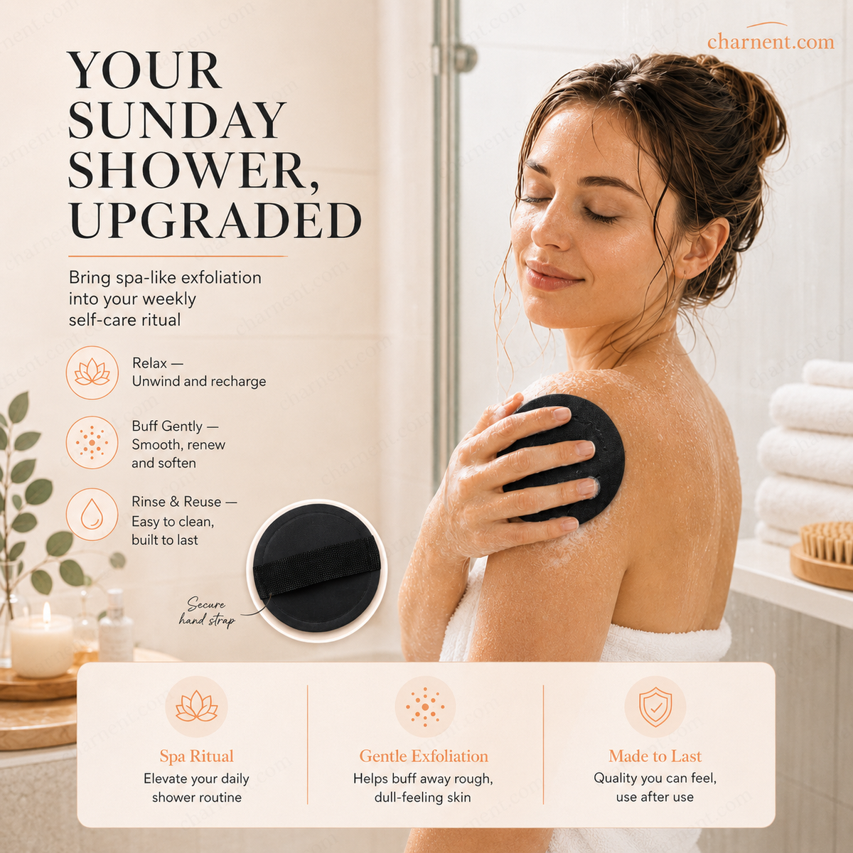 Coussinets exfoliants pour le bain – Exfolient en douceur, désobstruent les pores, révèlent une peau plus éclatante. Caoutchouc durable, facile à rincer.