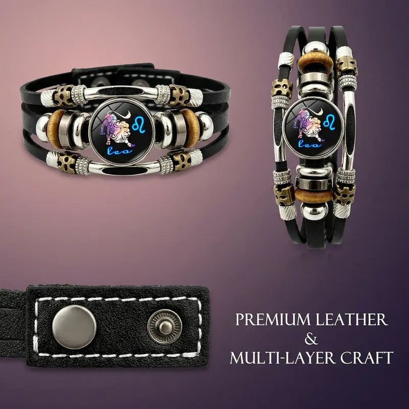 Bracelet en cuir phosphorescent avec signe du zodiaque pour hommes et femmes (17,5/20,5 cm)