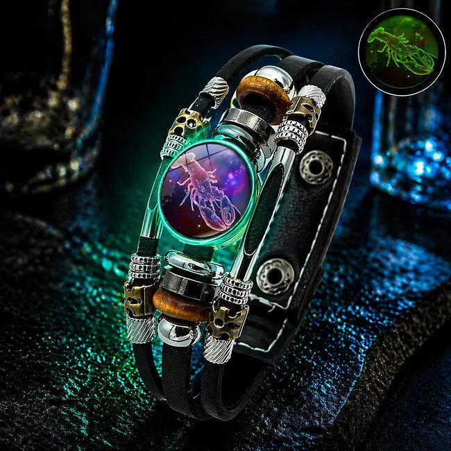 Bracelet en cuir phosphorescent avec signe du zodiaque pour hommes et femmes (17,5/20,5 cm)